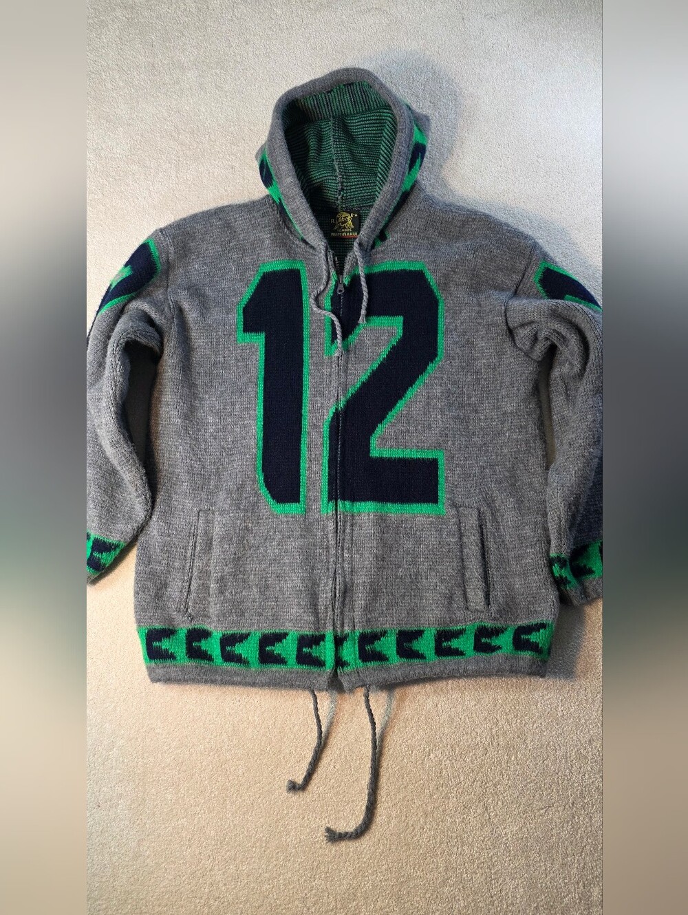 Tejidos Ruminahui Seahawks "12" Wool Hooded Sweater Jacket Full Zip Seattle M